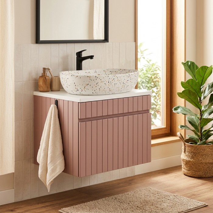 Conjunto ICON: mueble bajo lavabo 60cm rosa empolvado + encimera para lavabo blanca + lavabo sobre encimera moteado