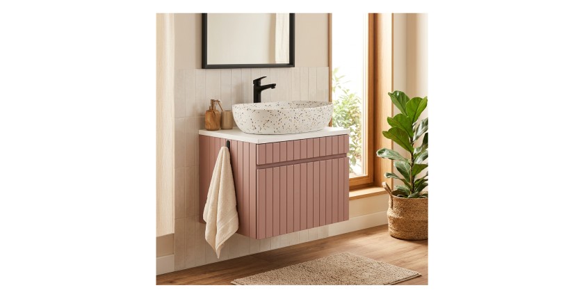 Ensemble ICON rose : meuble sous vasque 60cm rose poudré et plan pour vasque blanc mis en situation