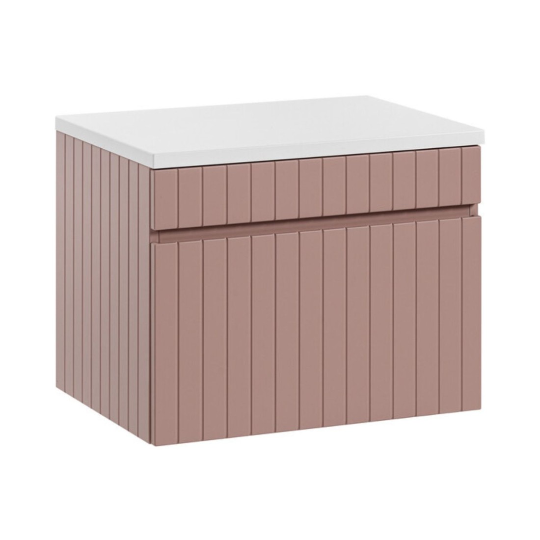 Ensemble ICON rose : meuble sous vasque 60cm rose poudré et plan pour vasque blanc