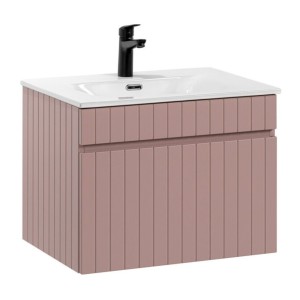 Ensemble ICON rose : meuble sous vasque 60cm rose poudré et vasque encastrée blanche