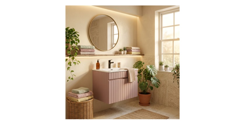 Ensemble ICON rose : meuble sous vasque 60cm rose poudré et vasque encastrée blanche mis en situation