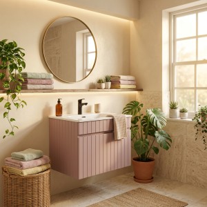 Ensemble ICON rose : meuble sous vasque 60cm rose poudré et vasque encastrée blanche mis en situation