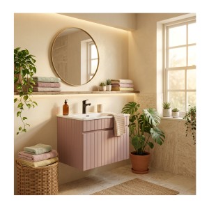 Ensemble ICON rose : meuble sous vasque 60cm rose poudré et vasque encastrée blanche mis en situation