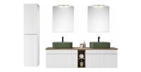 Ensemble ICON blanc : meubles sous vasque 80cm, niches visibles, vasques à poser vertes, miroirs, lampe LED, colonne