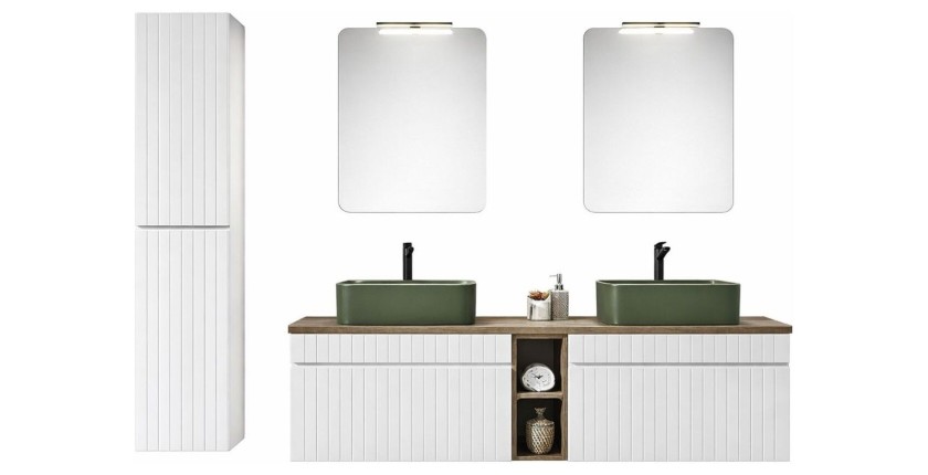 Ensemble ICON blanc : meubles sous vasque 80cm, niches visibles, vasques à poser vertes, miroirs, lampe LED, colonne