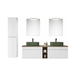 Ensemble ICON blanc : meubles sous vasque 80cm, niches visibles, vasques à poser vertes, miroirs, lampe LED, colonne