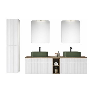 Ensemble ICON blanc : meubles sous vasque 80cm, niches visibles, vasques à poser vertes, miroirs, lampe LED, colonne