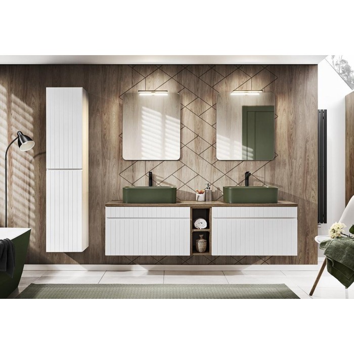 Ensemble ICON blanc : meubles sous vasque 80cm, vasques à poser vertes, miroirs, lampe LED, colonne mis en situation