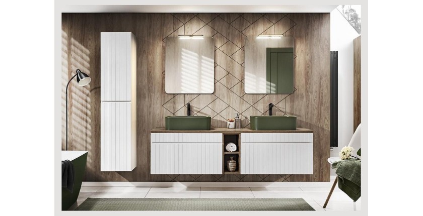 Ensemble ICON blanc : meubles sous vasque 80cm, vasques à poser vertes, miroirs, lampe LED, colonne mis en situation