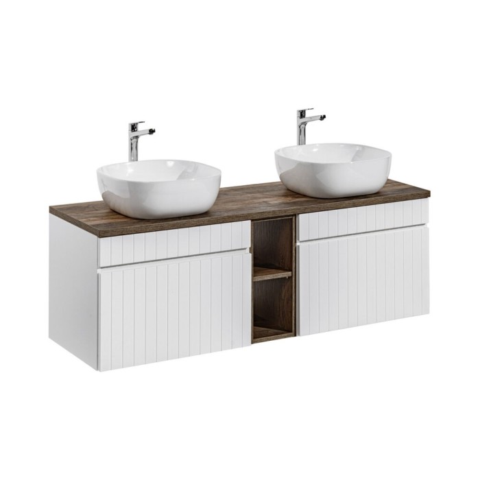 Conjunto ICON blanco: muebles bajo encimera de 180cm con nichos visibles + encimera para lavabo + dos lavabos sobre encimera bla