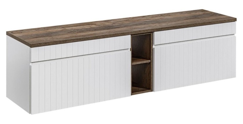 Ensemble ICON blanc : meubles sous vasque 80cm, niches visibles et plan pour vasque aspect bois foncé