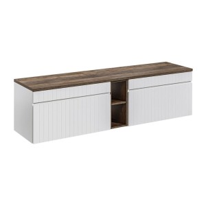 Ensemble ICON blanc : meubles sous vasque 80cm, niches visibles et plan pour vasque aspect bois foncé