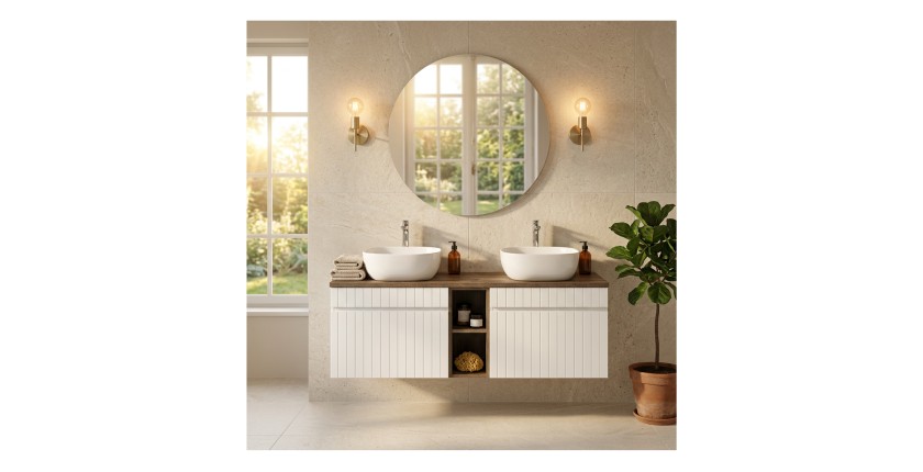 Ensemble ICON blanc : meubles sous vasque 80cm, niches visibles et plan pour vasque aspect bois foncé mis en situation