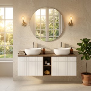 Ensemble ICON blanc : meubles sous vasque 80cm, niches visibles et plan pour vasque aspect bois foncé mis en situation