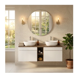 Ensemble ICON blanc : meubles sous vasque 80cm, niches visibles et plan pour vasque aspect bois foncé mis en situation
