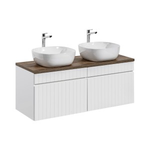 Ensemble ICON blanc : meubles sous vasque 80cm, plan pour vasque aspect bois et vasques à poser carrées arrondies