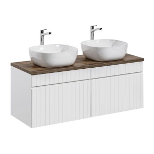 Ensemble ICON blanc : meubles sous vasque 80cm, plan pour vasque aspect bois et vasques à poser carrées arrondies