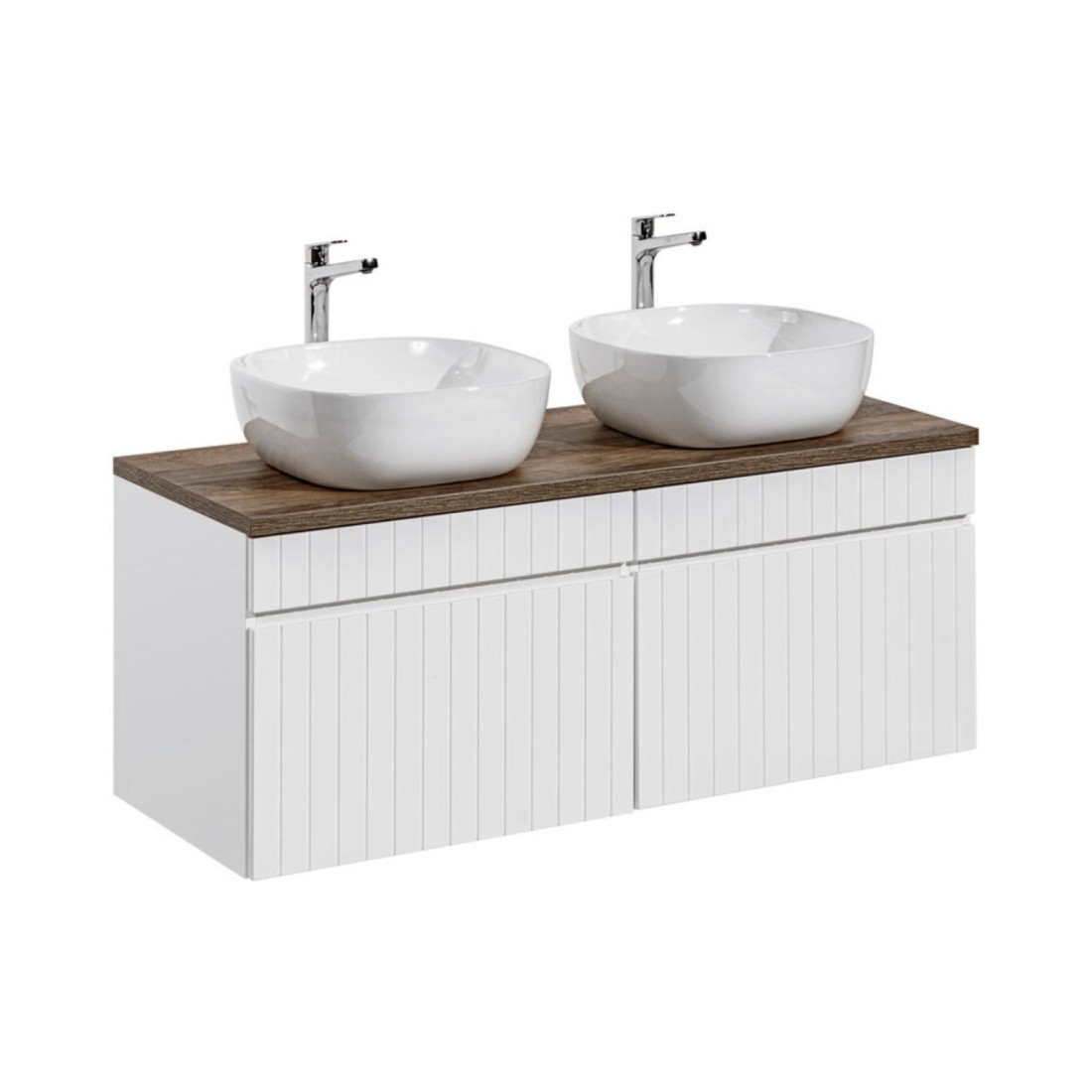 Ensemble ICON blanc : meubles sous vasque 80cm, plan pour vasque aspect bois et vasques à poser carrées arrondies