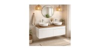 Ensemble ICON blanc : meubles sous vasque 80cm, plan pour vasque aspect bois et vasques à poser mis en situation