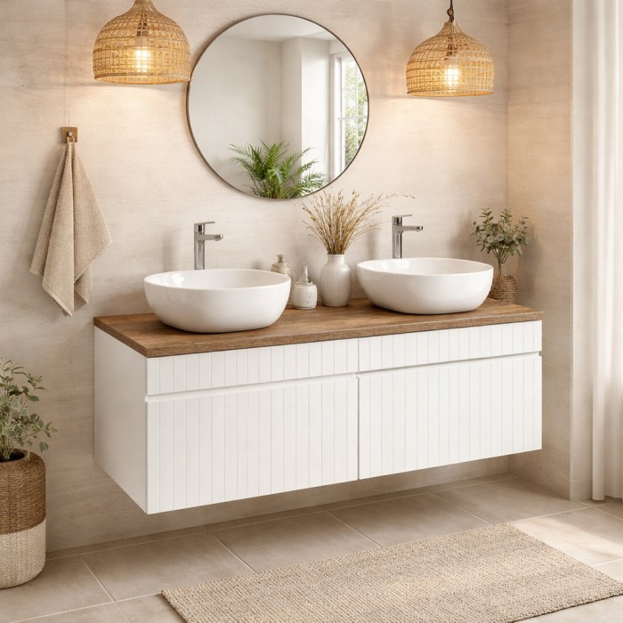 Conjunto ICON blanco: muebles bajo lavabo de 160cm + encimera para lavabo + dos lavabos sobre encimera blancos
