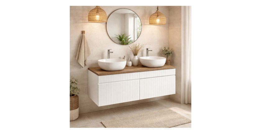 Ensemble ICON blanc : meubles sous vasque 80cm, plan pour vasque aspect bois et vasques à poser mis en situation