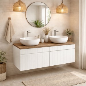 Ensemble ICON blanc : meubles sous vasque 80cm et plan pour vasque aspect bois foncé mis en situation