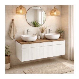 Ensemble ICON blanc : meubles sous vasque 80cm et plan pour vasque aspect bois foncé mis en situation