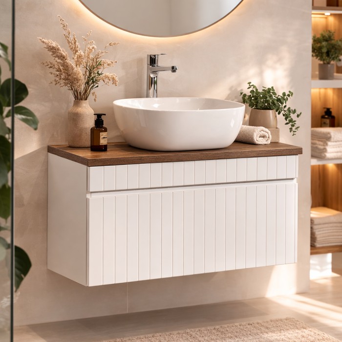 Conjunto ICON blanco: mueble bajo lavabo 80cm + encimera con aspecto de madera oscura + lavabo sobre encimera blanco