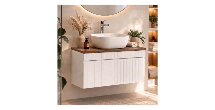 Ensemble ICON blanc : meuble sous vasque 80cm, plan pour vasque et vasque à poser carrée mis en situation