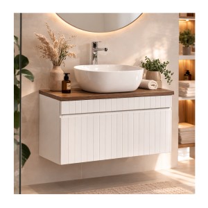 Ensemble ICON blanc : meuble sous vasque 80cm, plan pour vasque et vasque à poser carrée mis en situation