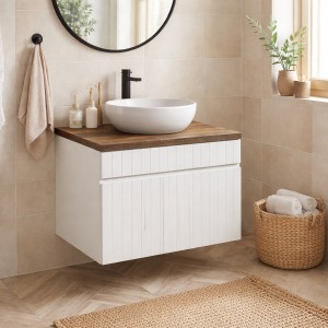 Ensemble ICON blanc : meuble sous vasque 80cm et plan pour vasque aspect bois foncé mis en situation
