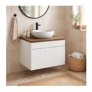 Ensemble ICON blanc : meuble sous vasque 80cm et plan pour vasque aspect bois foncé mis en situation
