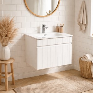 Ensemble ICON blanc : meuble sous vasque 80cm et vasque encastrée mis en situation