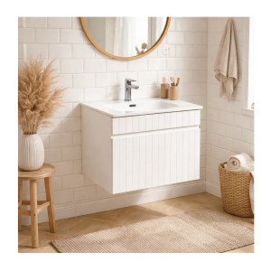 Ensemble ICON blanc : meuble sous vasque 80cm et vasque encastrée mis en situation