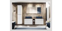 Ensemble ICON blanc : meubles sous vasque, vasques bleues, miroir, lampes LED et colonne mis en situation