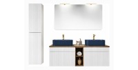 Ensemble ICON blanc : meubles sous vasque, vasques bleues, miroir, lampes LED et colonne