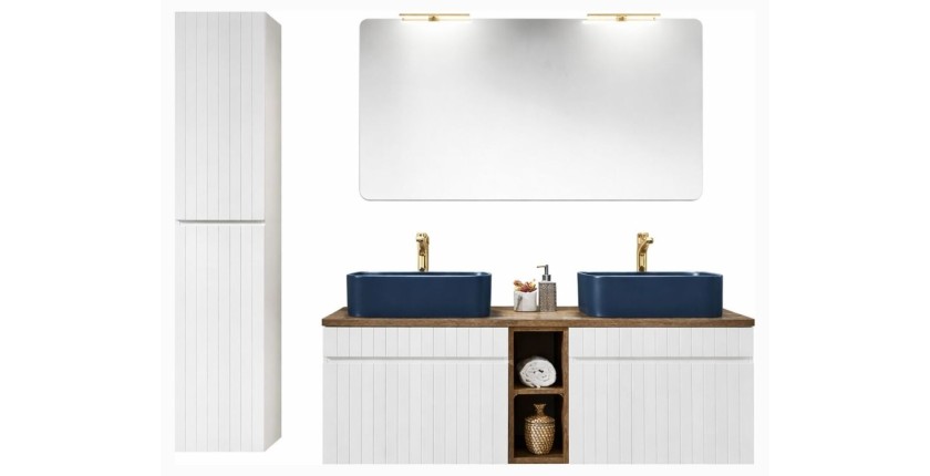 Ensemble ICON blanc : meubles sous vasque, vasques bleues, miroir, lampes LED et colonne