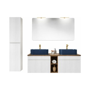 Ensemble ICON blanc : meubles sous vasque, vasques bleues, miroir, lampes LED et colonne