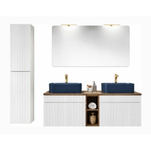 Ensemble ICON blanc : meubles sous vasque, vasques bleues, miroir, lampes LED et colonne