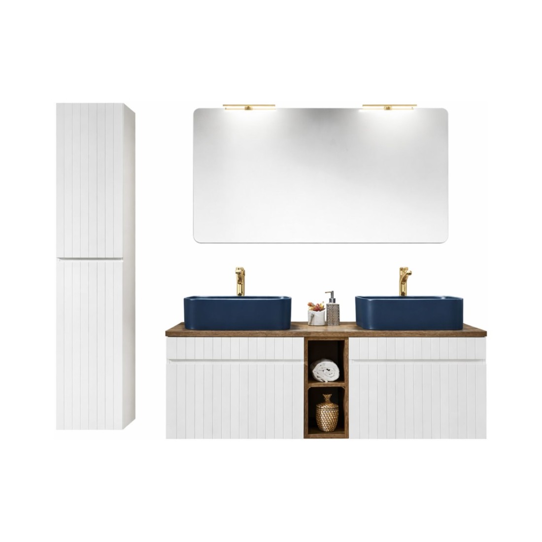 Ensemble ICON blanc : meubles sous vasque, vasques bleues, miroir, lampes LED et colonne