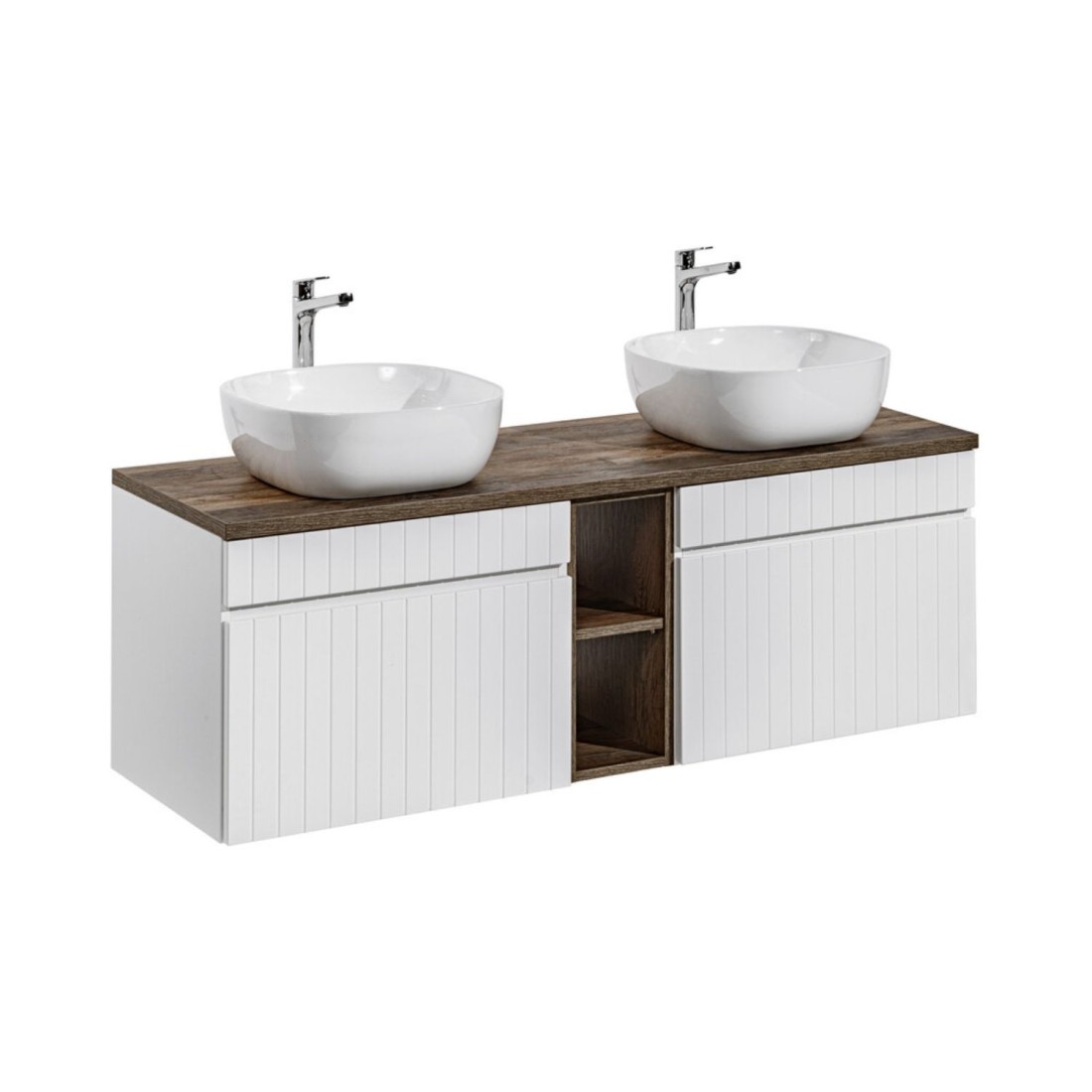 Ensemble ICON blanc : meubles sous vasque 60cm, niches visibles, plan pour vasque et vasques à poser carrées