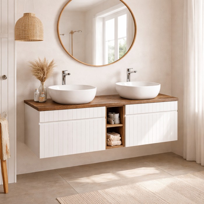 Conjunto ICON blanco: muebles bajo lavabo de 140cm con nichos visibles + encimera para lavabo + dos lavabos sobre encimera blanc