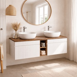 Ensemble ICON blanc : meubles sous vasque 60cm, niches visibles, plan pour vasque et vasques à poser carrées mis en situation