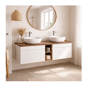 Ensemble ICON blanc : meubles sous vasque 60cm, niches visibles, plan pour vasque et vasques à poser carrées mis en situation