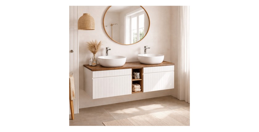 Ensemble ICON blanc : meubles sous vasque 140cm avec niches visibles + plan pour vasque aspect bois foncé