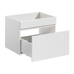 Ensemble ICON blanc : meubles sous vasque 140cm avec niches visibles + plan pour vasque aspect bois foncé
