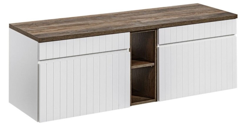 Ensemble ICON blanc : meubles sous vasque 140cm avec niches visibles + plan pour vasque aspect bois foncé
