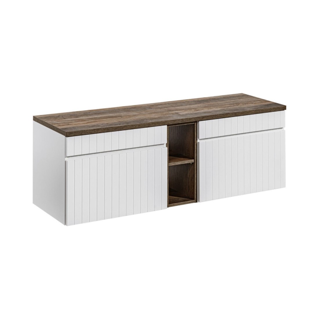 Ensemble ICON blanc : meubles sous vasque 140cm avec niches visibles + plan pour vasque aspect bois foncé