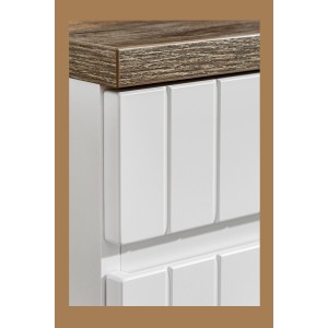 Zoom sur la jonction entre le plan pour vasque aspect bois foncé et le meuble sous vasque blanc ICON