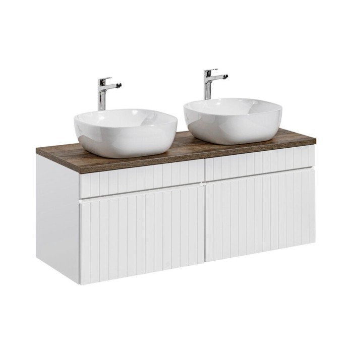 Conjunto ICON blanco: muebles bajo lavabo 120cm + encimera con aspecto de madera oscura + dos lavabos sobre encimera blancos